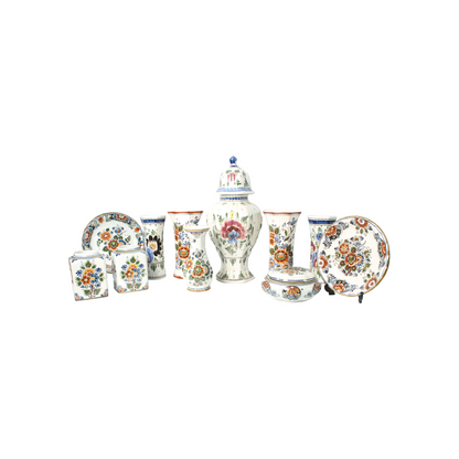 Traditional 11-Piece Hand-Painted Polychrome Delft Pottery Set - Vases, Plates,