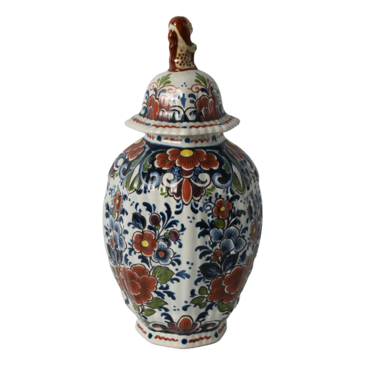 Hand-Painted Delft Blue Vase with Lid, Floral Design, Traditional Dutch Pottery