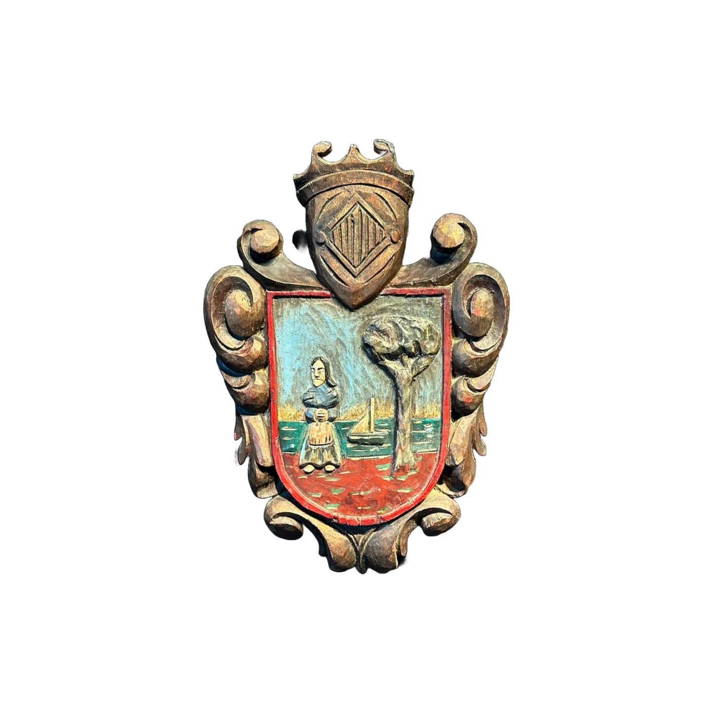 Handmade Italian Polychrome Wooden Shield, 1960s Decorative Wall Plaque,