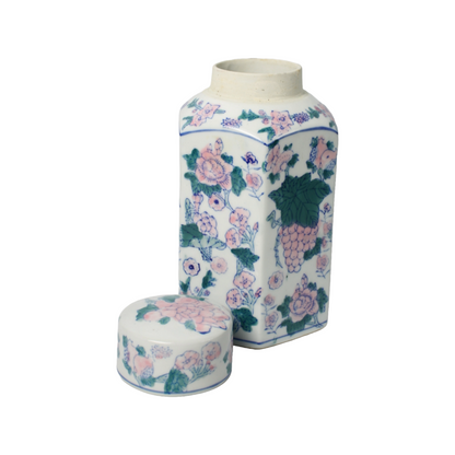 Vintage Chinese Porcelain Tea Caddy | Hand-Painted Floral and Grape Design |