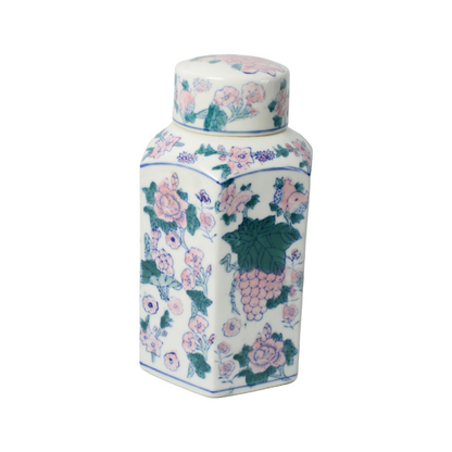 Vintage Chinese Porcelain Tea Caddy | Hand-Painted Floral and Grape Design |