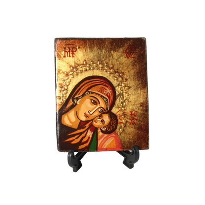 Hand-Painted Orthodox Icon of Virgin Mary and Child, Made in Romania, 12.5x10 cm