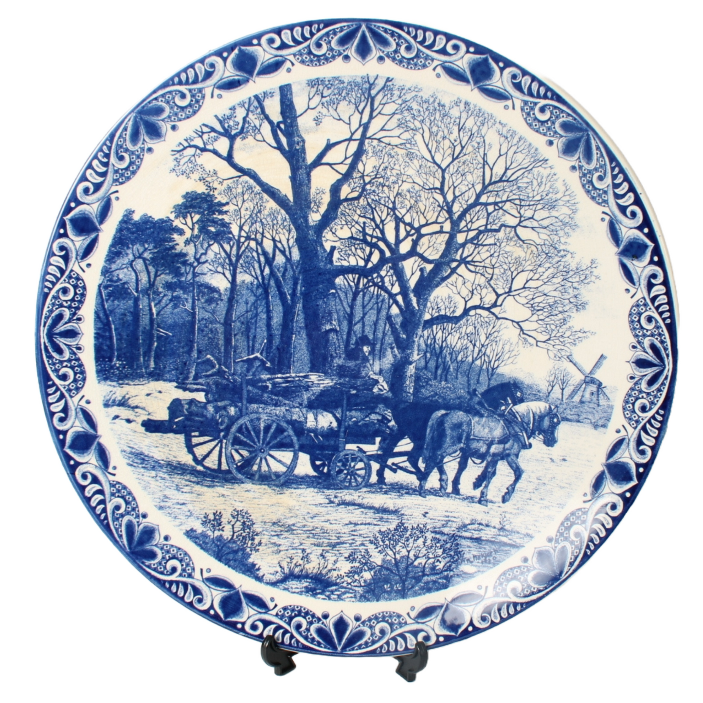 Vintage Delft Blue Ceramic Plate - Winter Landscape with Horse and Windmill 38cm