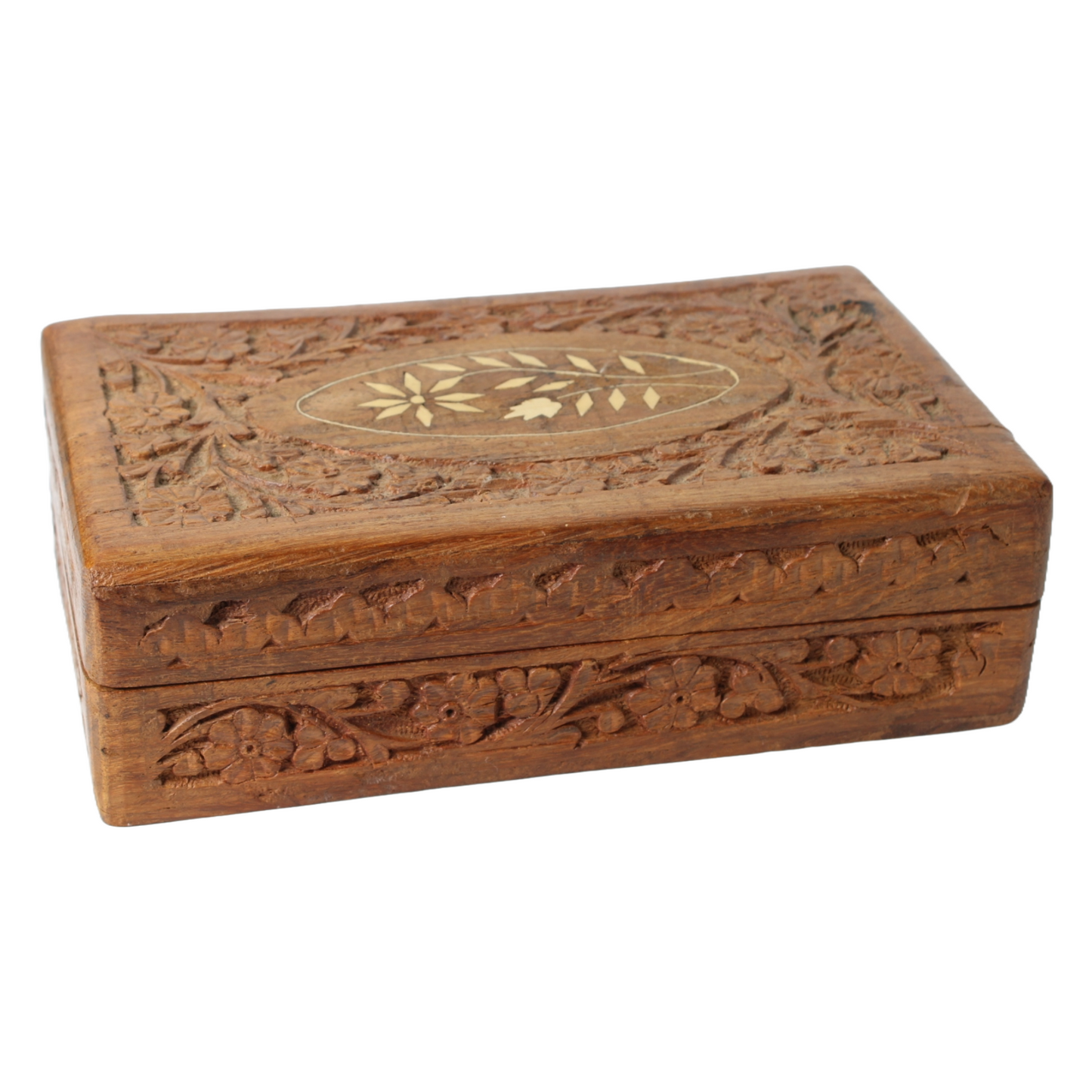 Hand-Carved Wooden Jewelry Box from India with Floral Relief and Inlaid Panel