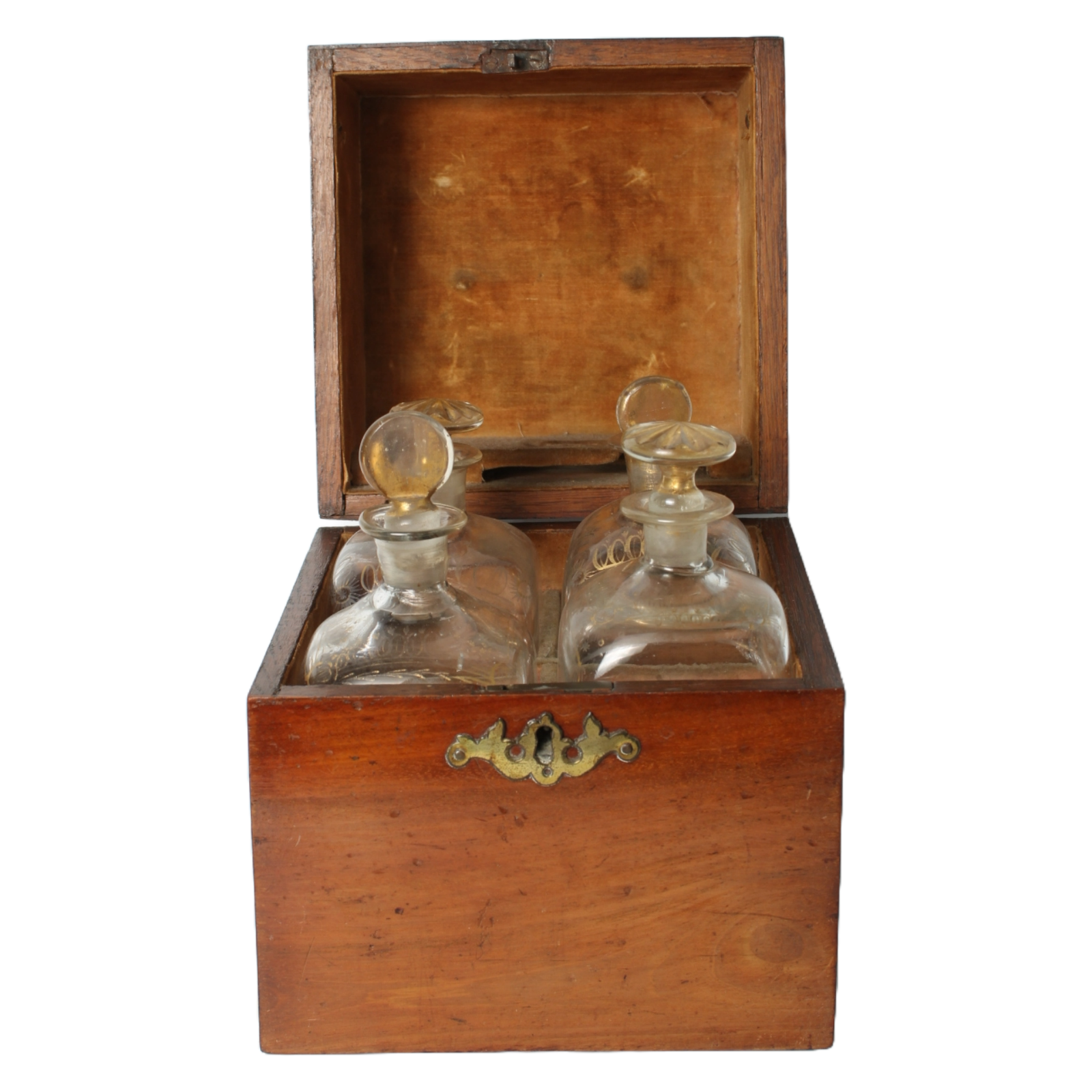 Antique Wooden Tantalus Liquor Box with Four Hand-Blown Decanters – ca. 1850
