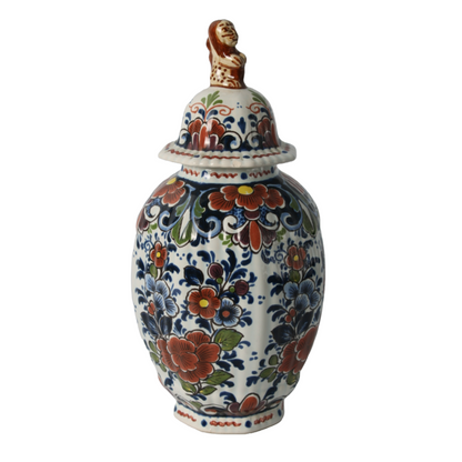 Hand-Painted Delft Blue Vase with Lid, Floral Design, Traditional Dutch Pottery
