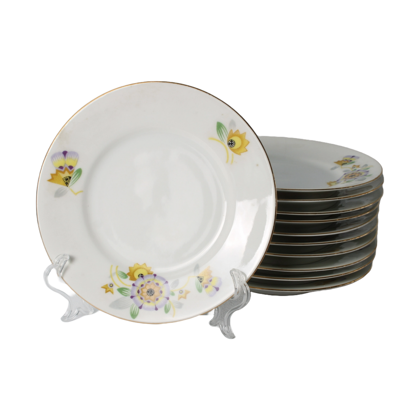 Set of 11 Vintage Windsor Dessert Plates with Floral Motifs and Gold Trim