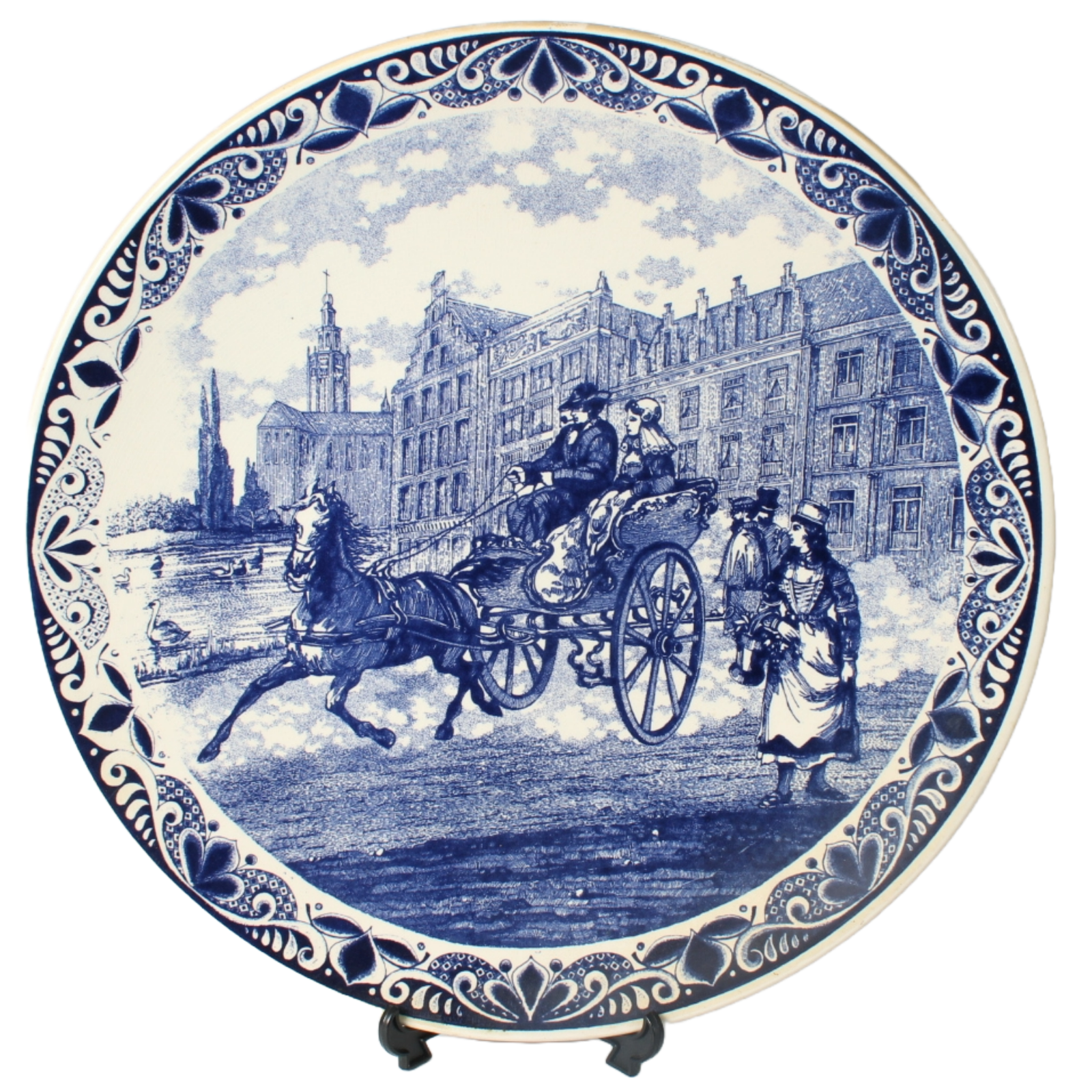 Large Hand-Painted Chemkefa Delft Blue Wall Plate - Horse & Carriage Scene, 38cm