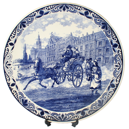 Large Hand-Painted Chemkefa Delft Blue Wall Plate - Horse & Carriage Scene, 38cm