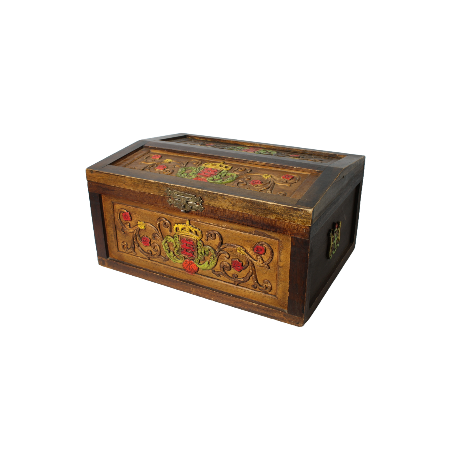Unique Antique Wooden Chest with Colorful Coat of Arms | Hand-Carved & Painted |