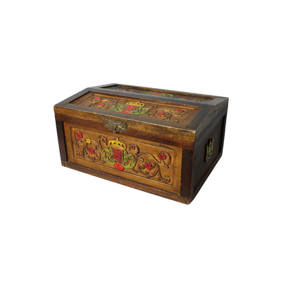 Unique Antique Wooden Chest with Colorful Coat of Arms | Hand-Carved & Painted |
