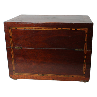 Antique mahogany liquor chest with six hand-blown gilded glass decanters