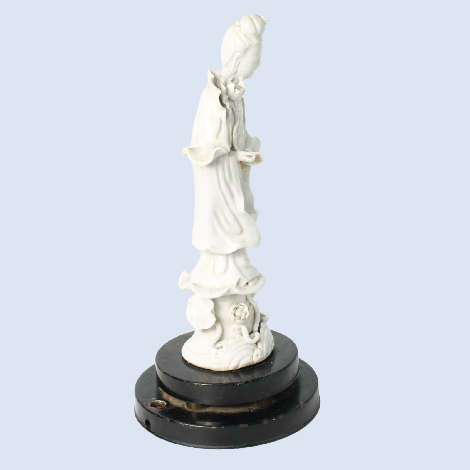 White Porcelain Guanyin Figure on Wooden Base, ca. 1920–1940, Blanc de Chine