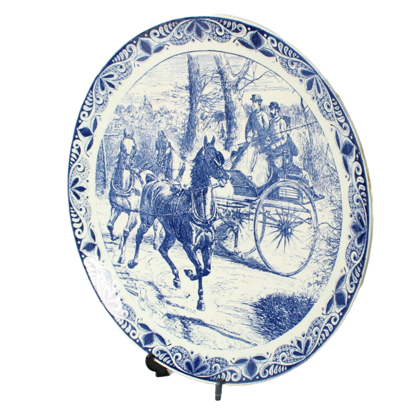Large Hand-Painted Chemkefa Delft Blue Plate with Horse and Carriage Scene