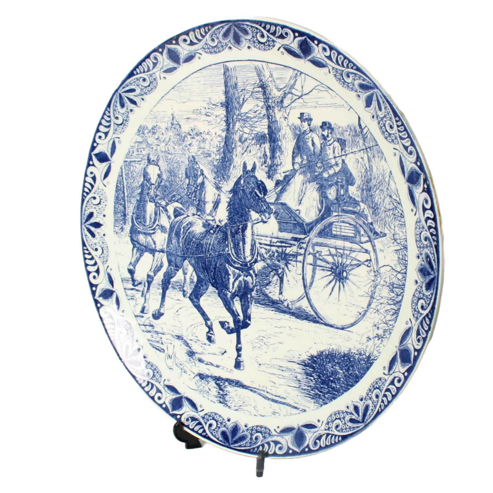 Large Hand-Painted Chemkefa Delft Blue Plate with Horse and Carriage Scene