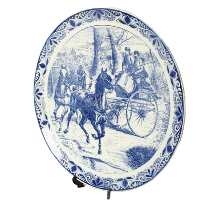 Large Hand-Painted Chemkefa Delft Blue Plate with Horse and Carriage Scene