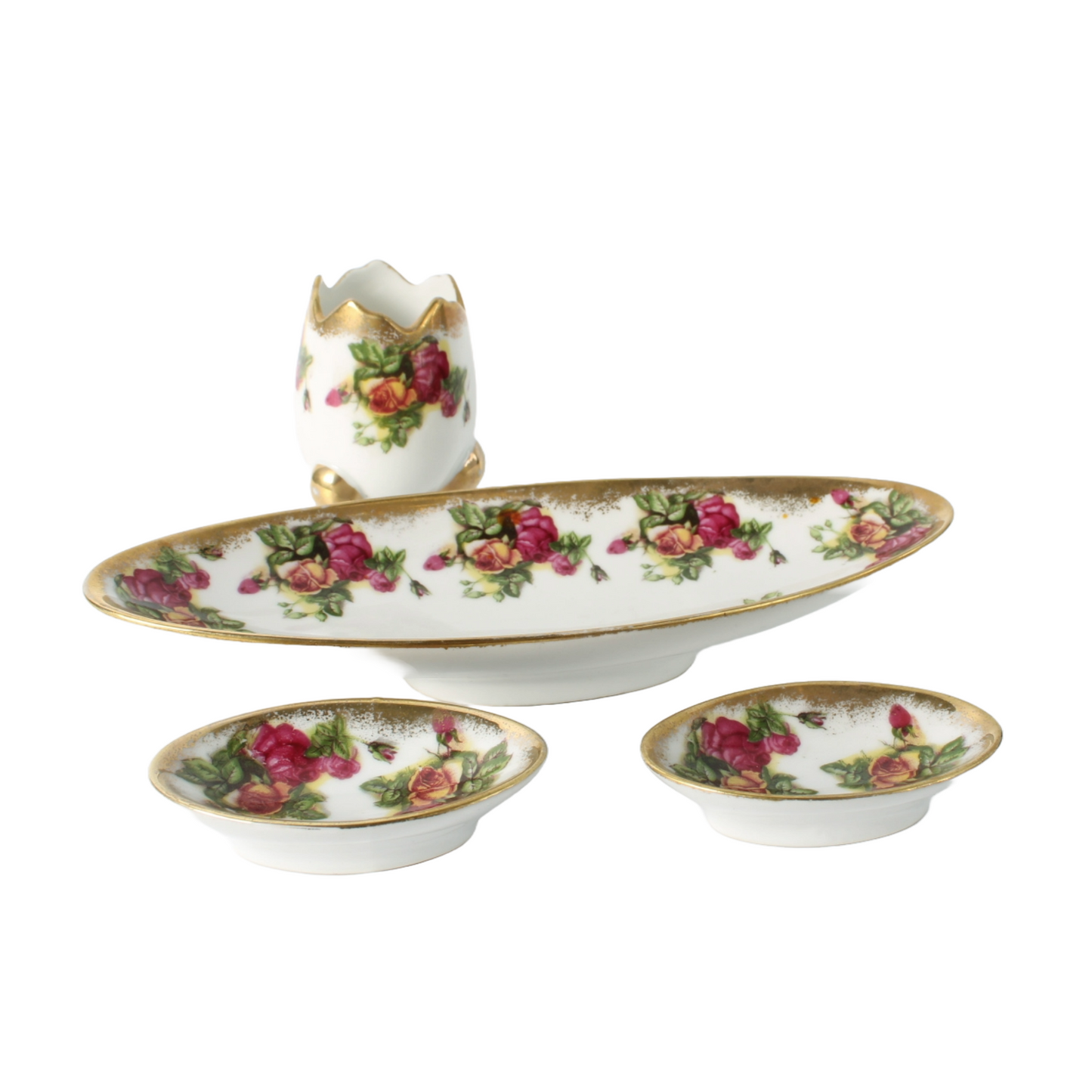 Vintage Saji Japan Fine China Rose Pattern Serving Set with Gold Trim - 4-Piece