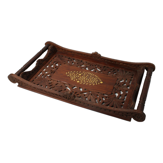 Handmade Indian Wooden Tray with Brass Inlay, Intricate Floral Carving, Decorati