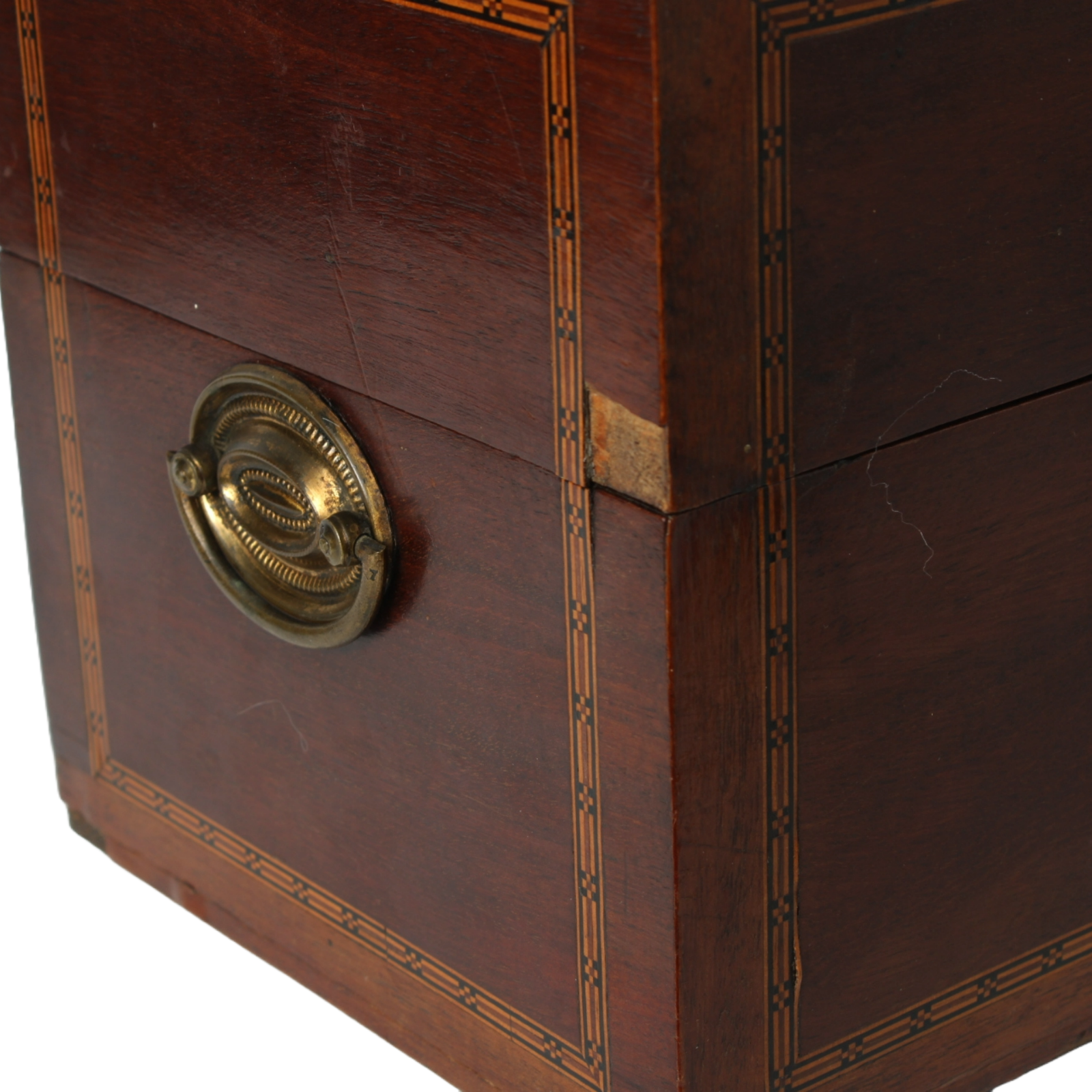 Antique mahogany liquor chest with six hand-blown gilded glass decanters