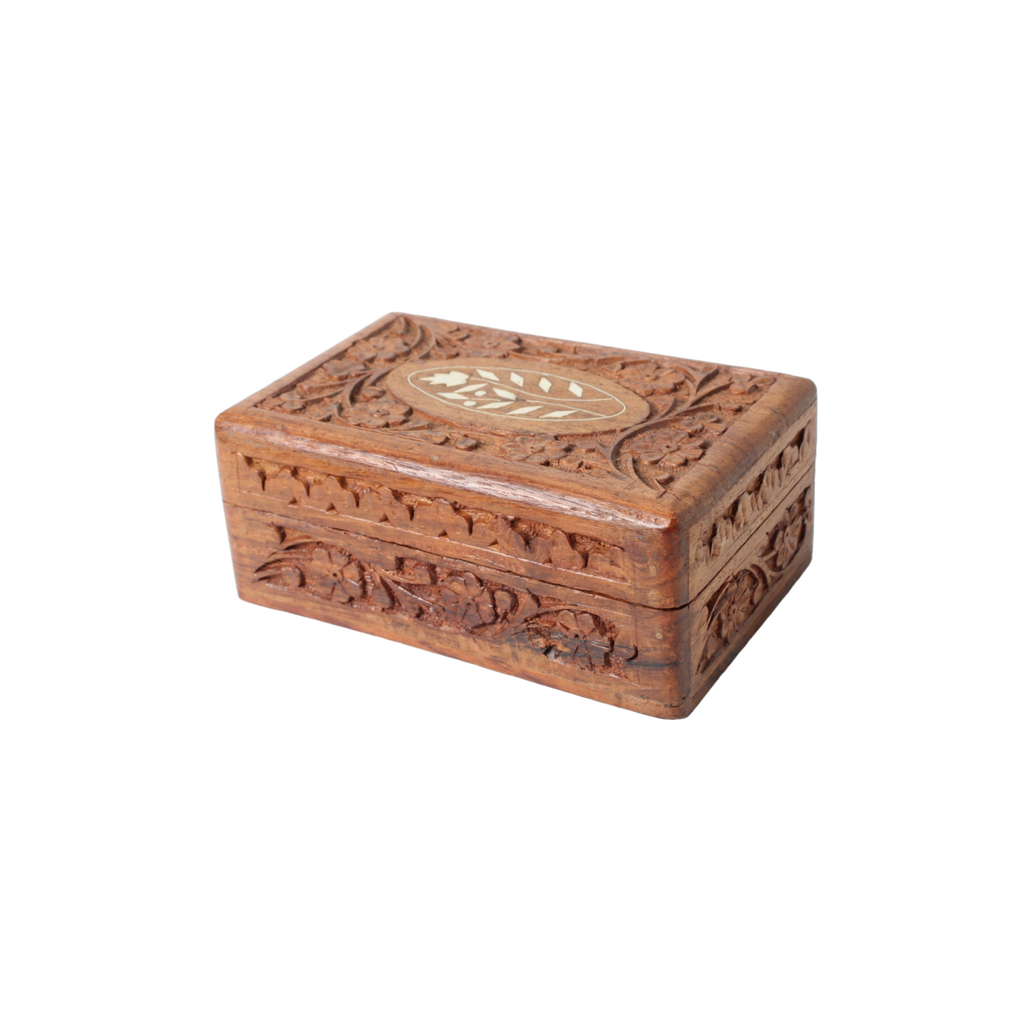 Vintage Hand Carved Floral Inlay Lined Wooden Jewelry Box India Storage Box