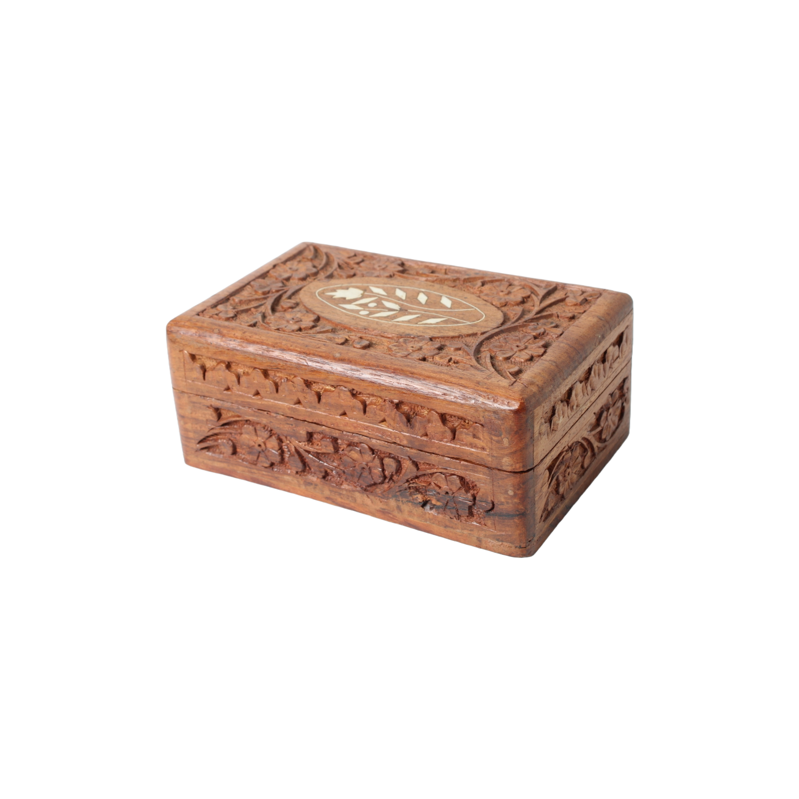 Vintage Hand Carved Floral Inlay Lined Wooden Jewelry Box India Storage Box