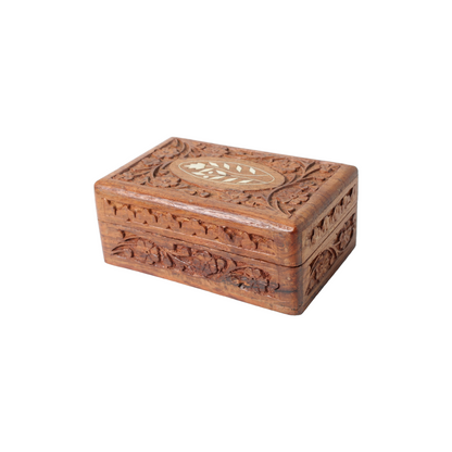Vintage Hand Carved Floral Inlay Lined Wooden Jewelry Box India Storage Box