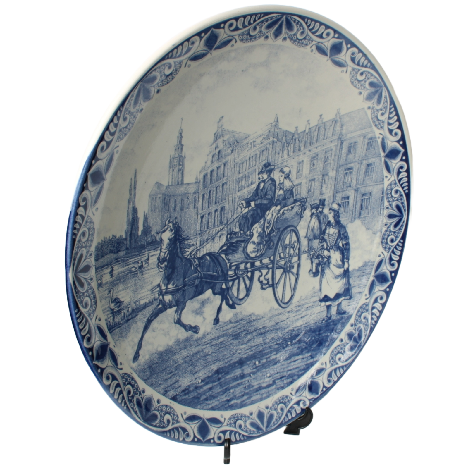 Large Hand-Painted Chemkefa Delft Blue Wall Plate - Horse & Carriage Scene, 38cm