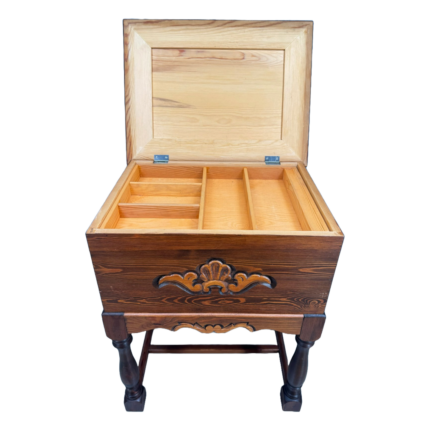 Vintage Scandinavian Sewing Chest on Legs with Hand-Carved Details