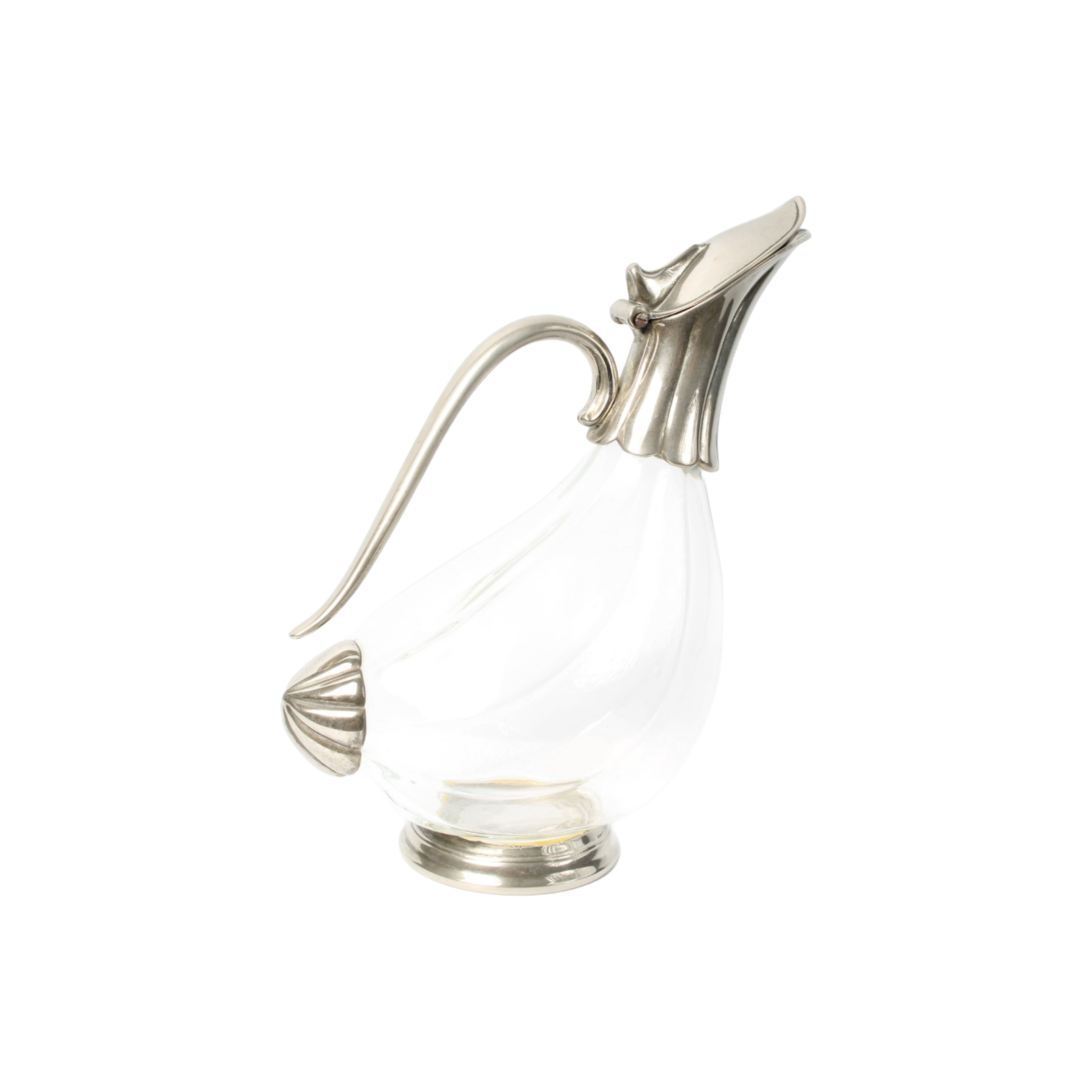 Elegant French Glass Carafe with Silver-Plated Details – 25 cm Long, 20 cm Tall