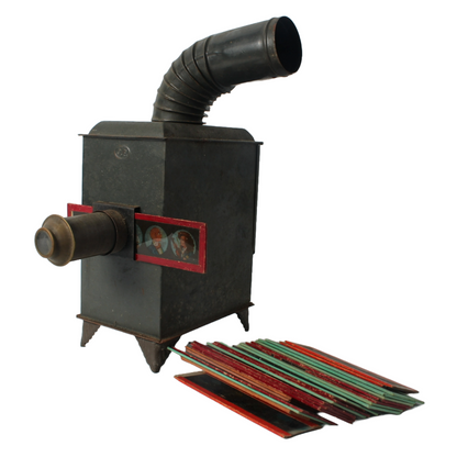 Antique Magic Lantern with Glass Slides, 19th Century Oil Lamp Projector