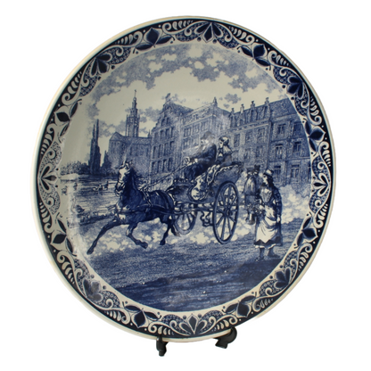 Hand-painted Chemkefa Delft Blue Plate with Dutch Horse and Carriage Scene, 38cm