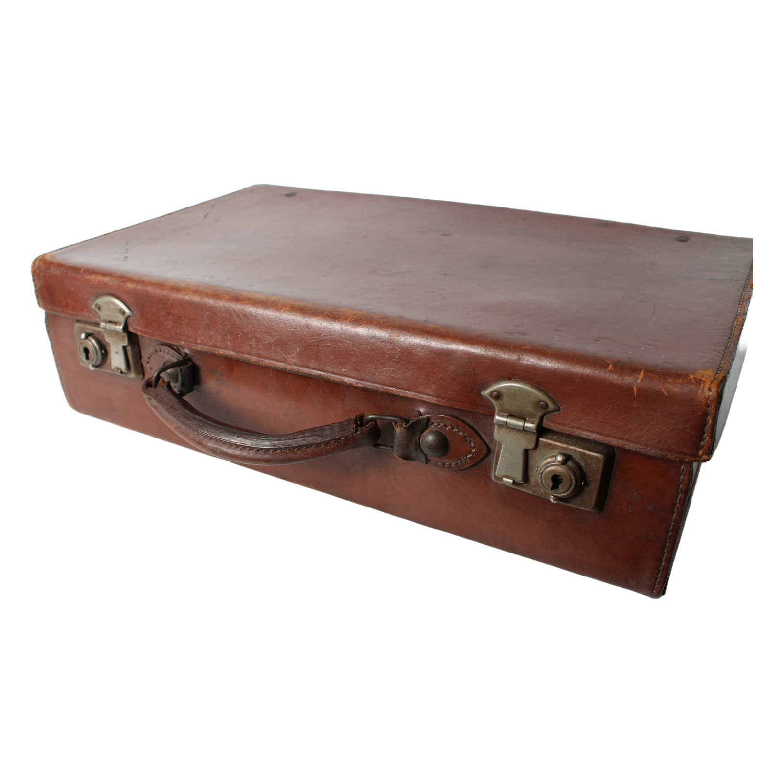 Vintage Leather Travel Suitcase with Metal Clasps | Antique Diplomatic case