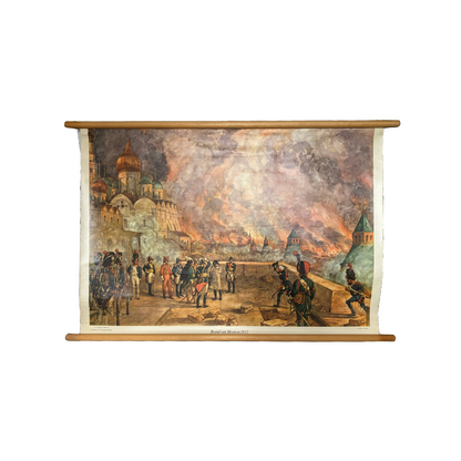 Antique School Chart "Fire of Moscow 1812" | J.H. Isings | Historical Decor |