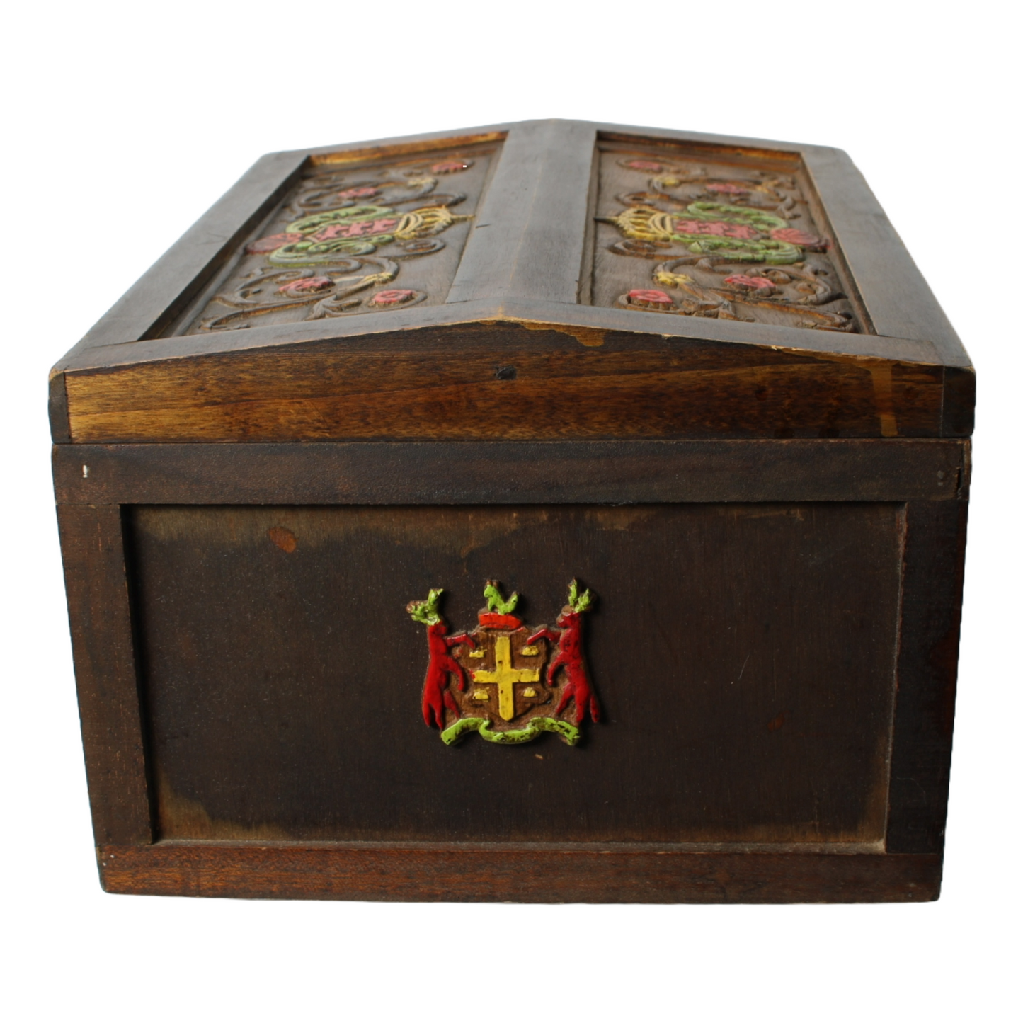 Unique Antique Wooden Chest with Colorful Coat of Arms | Hand-Carved & Painted |