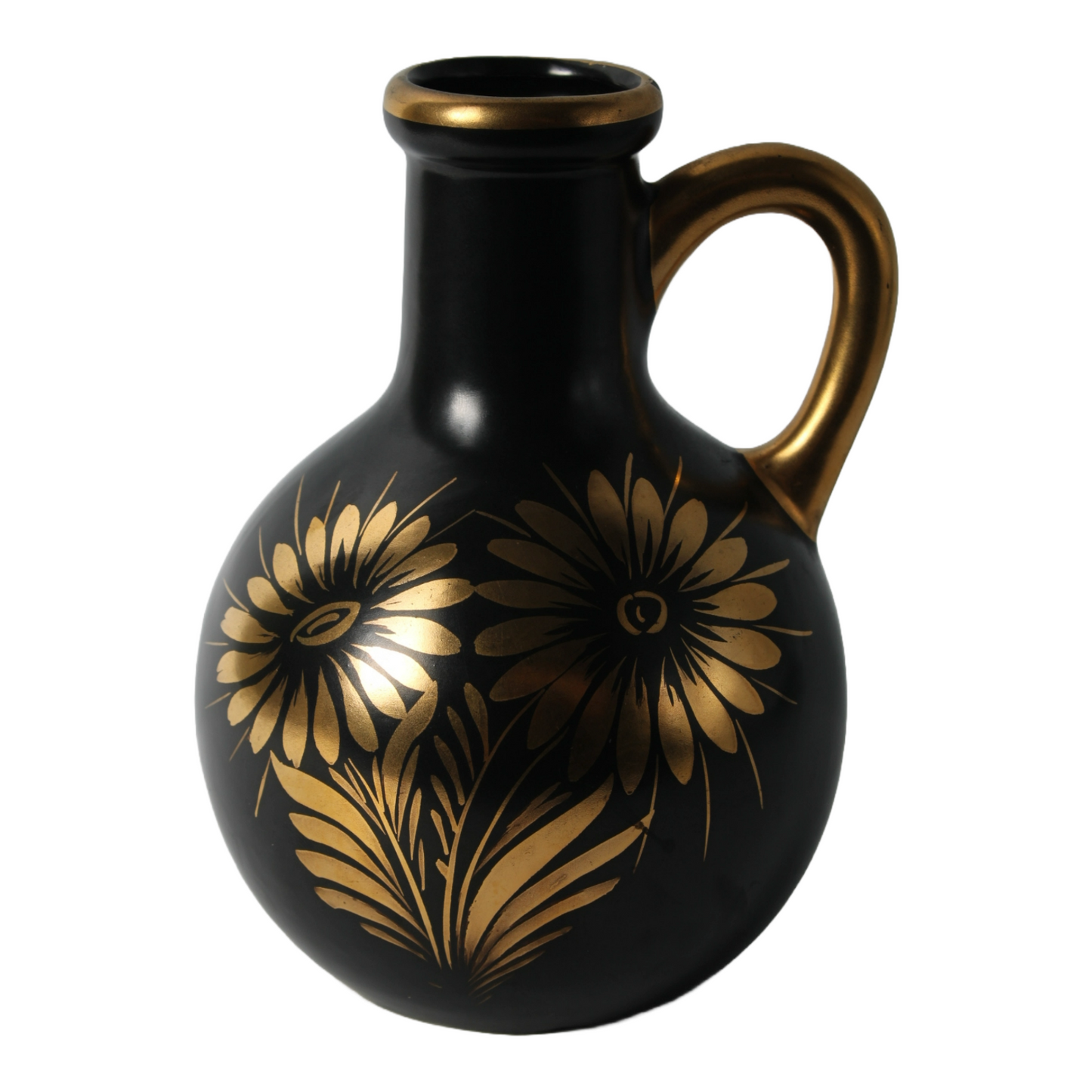 Decorative Black Ceramic Jug with Gold Floral Motifs