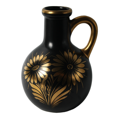 Decorative Black Ceramic Jug with Gold Floral Motifs