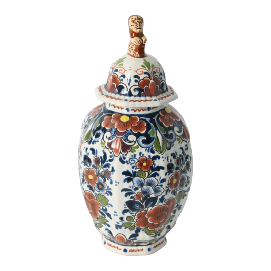 Hand-Painted Delft Blue Vase with Lid, Floral Design, Traditional Dutch Pottery
