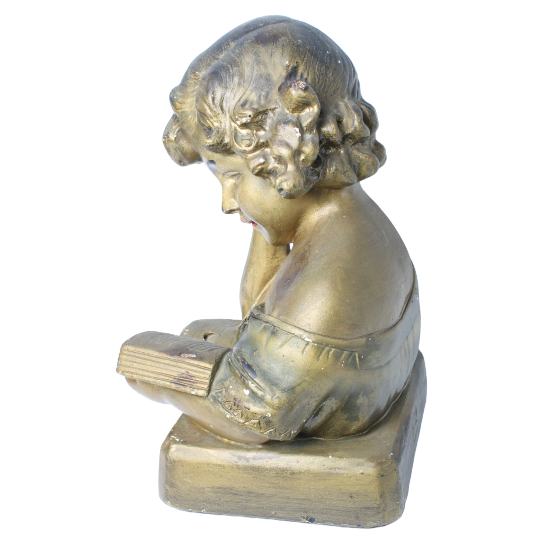 Antique Sculpture of Reading Girl ca. 1920-1940 | Gilded Plaster Composite |