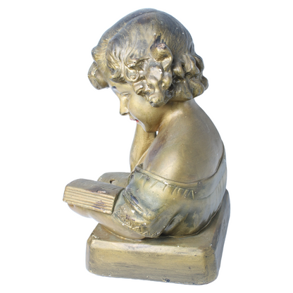 Antique Sculpture of Reading Girl ca. 1920-1940 | Gilded Plaster Composite |