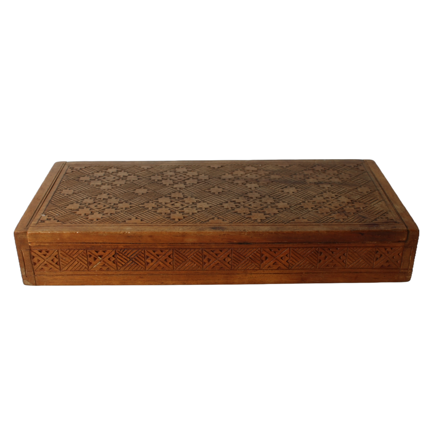 Antique Wooden Storage Box – Hand-Carved Geometric Design – Decorative and Funct