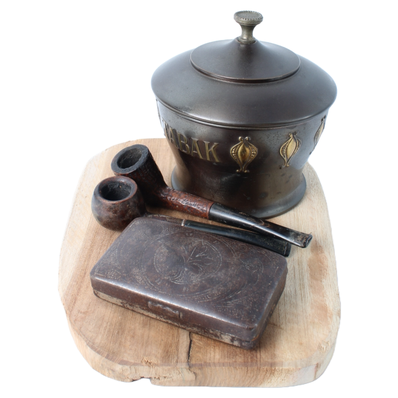 Vintage metal tobacco jar with wooden pipes, tin box and rustic wooden tray