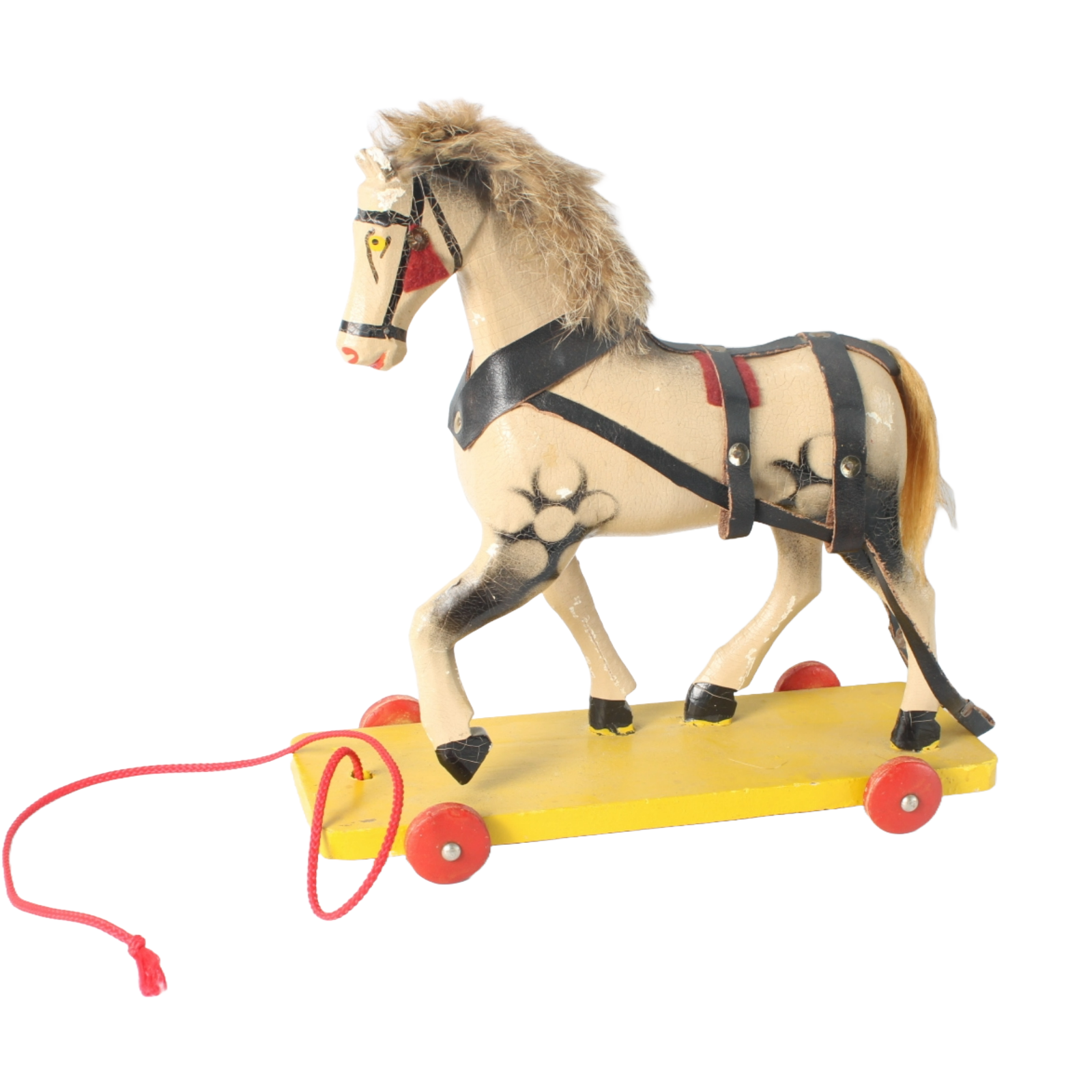 Vintage Handcrafted Wooden Horse Pull Toy on Wheels, 1940s-1950s, Antique