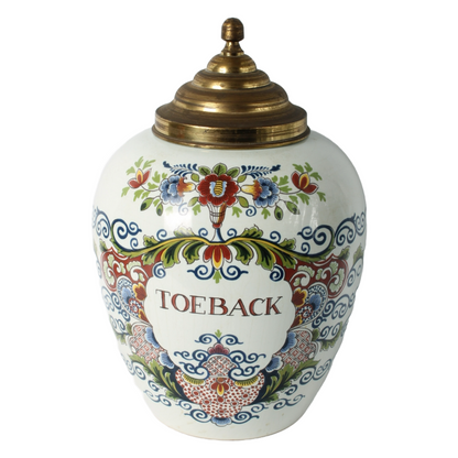 Rare vintage tobacco jar “TOEBACK” with brass lid | Delft blue