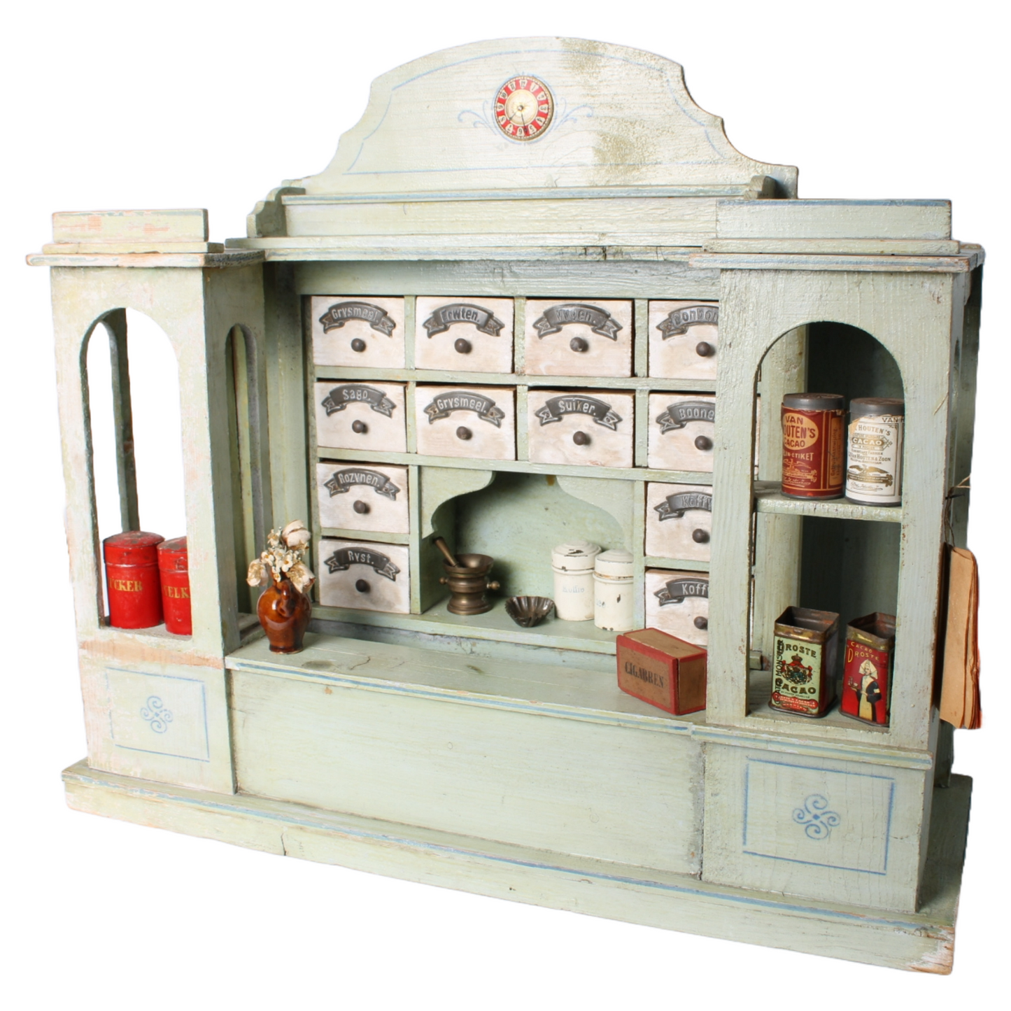 Antique Wooden Toy Grocery Store ca. 1900 with Original Drawers, Tins and Labels