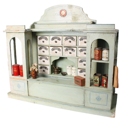 Antique Wooden Toy Grocery Store ca. 1900 with Original Drawers, Tins and Labels