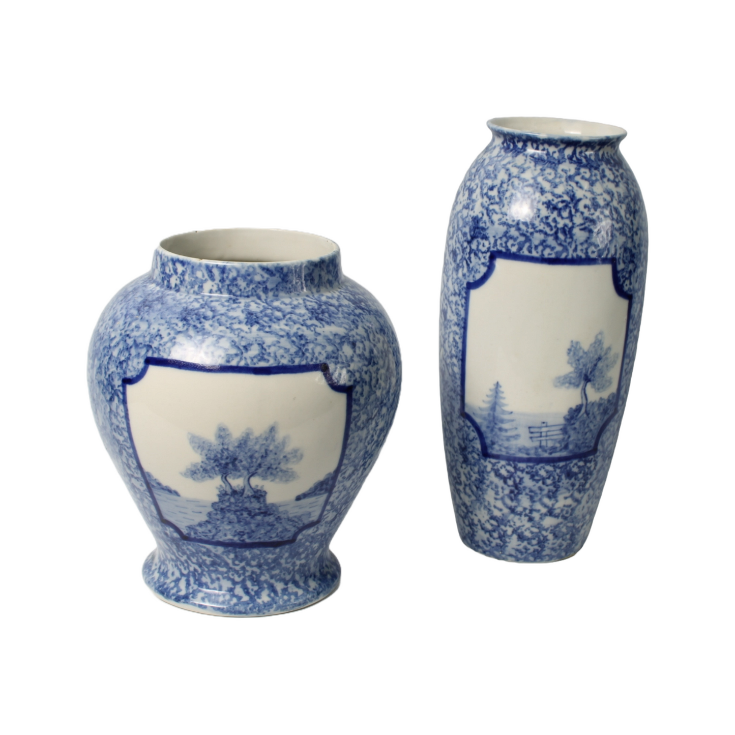 Set of 2 Blue Delft Vases with Landscape Design