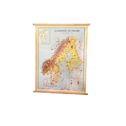 Vintage Scandinavian & Finland School Map on Canvas with Wooden Rods