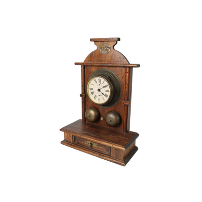 Antique Wooden Mechanical Alarm Clock with Double Bell, Drawer and Pendulum
