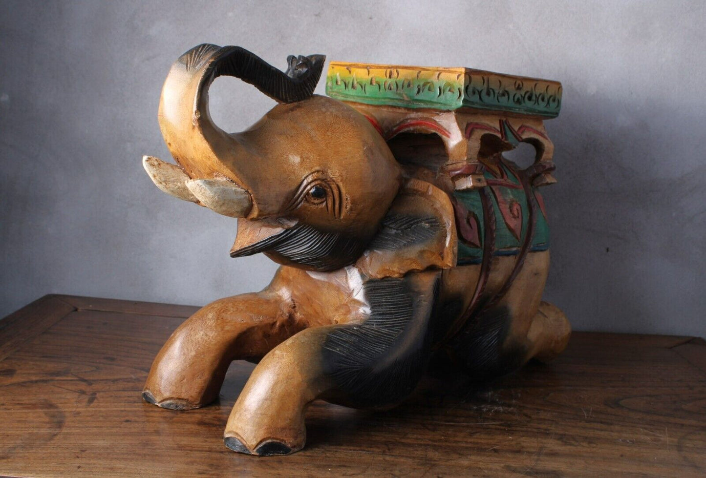Unique Hand-Carved Elephant Plant Stand/Side Table - Symbol of Good Luck