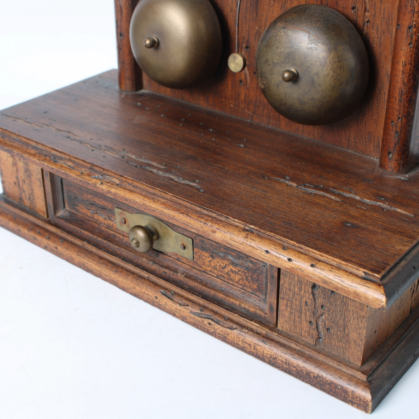 Antique Wooden Mechanical Alarm Clock with Double Bell, Drawer and Pendulum